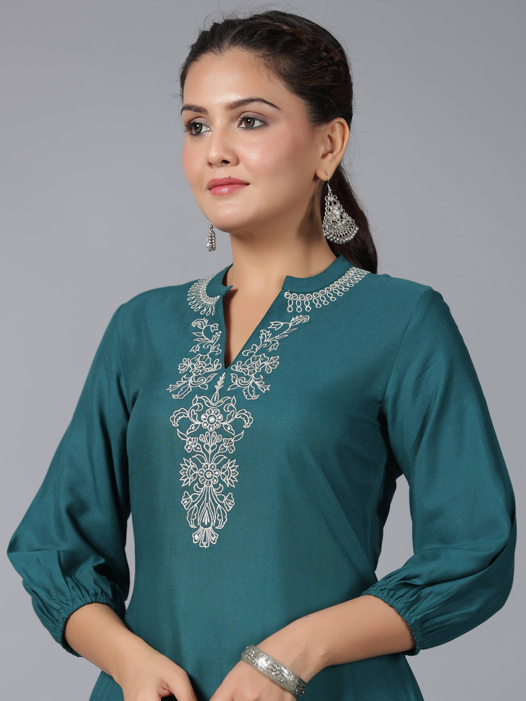 Juniper Women Teal Rayon Embroidered Asymmetric Kurta & Pants Set | Grocsy