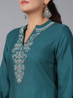 Juniper Women Teal Rayon Embroidered Asymmetric Kurta & Pants Set | Grocsy
