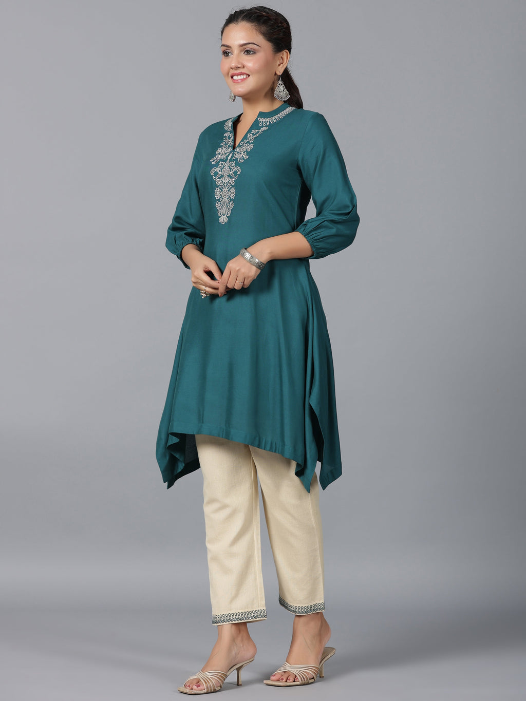 Juniper Women Teal Rayon Embroidered Asymmetric Kurta & Pants Set | Grocsy