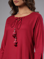 Juniper Women Fuchsia Rayon Solid Asymmetric Kurta | Grocsy