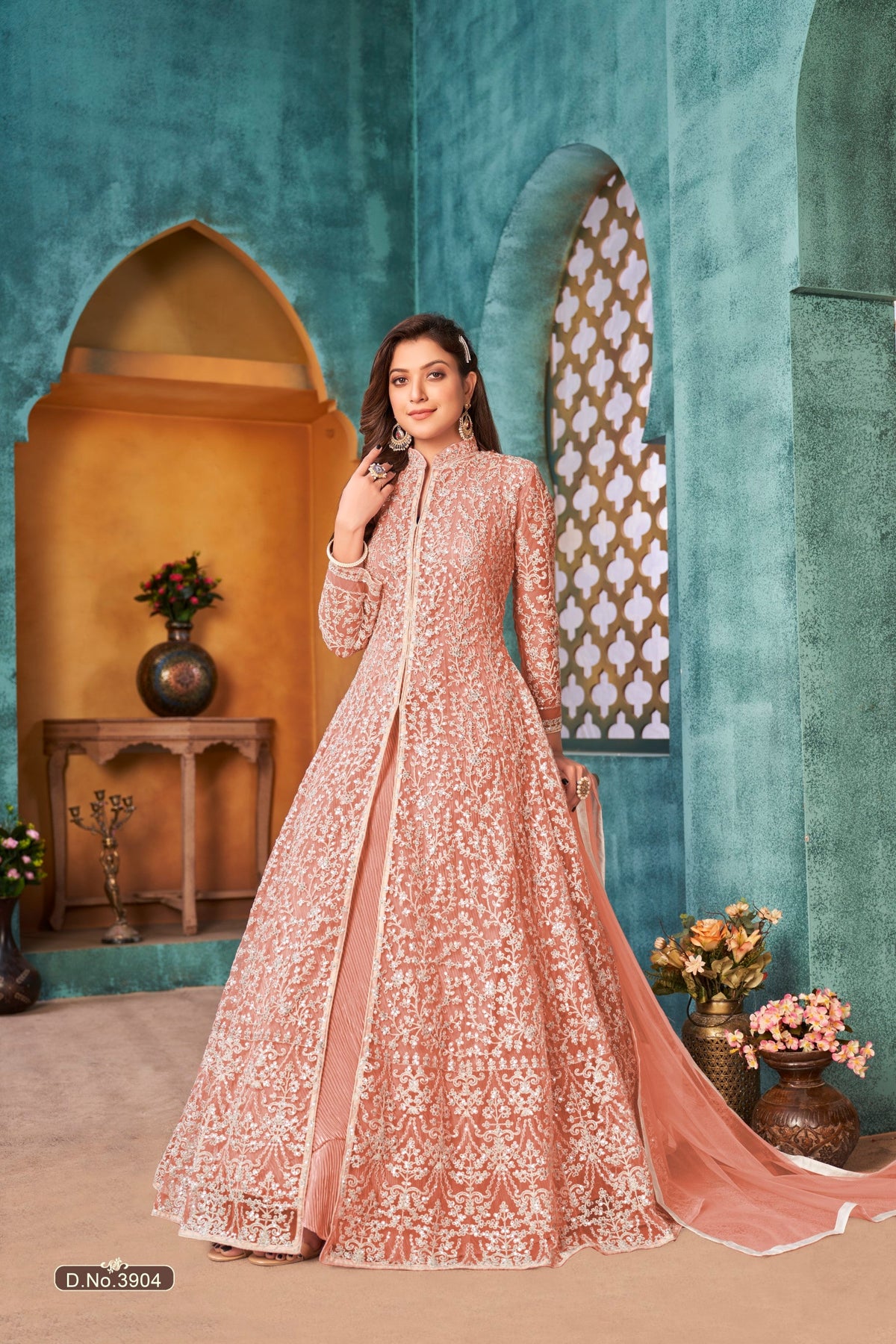 Anaita Peach Embroidered Net Anarkali Suit | Grocsy