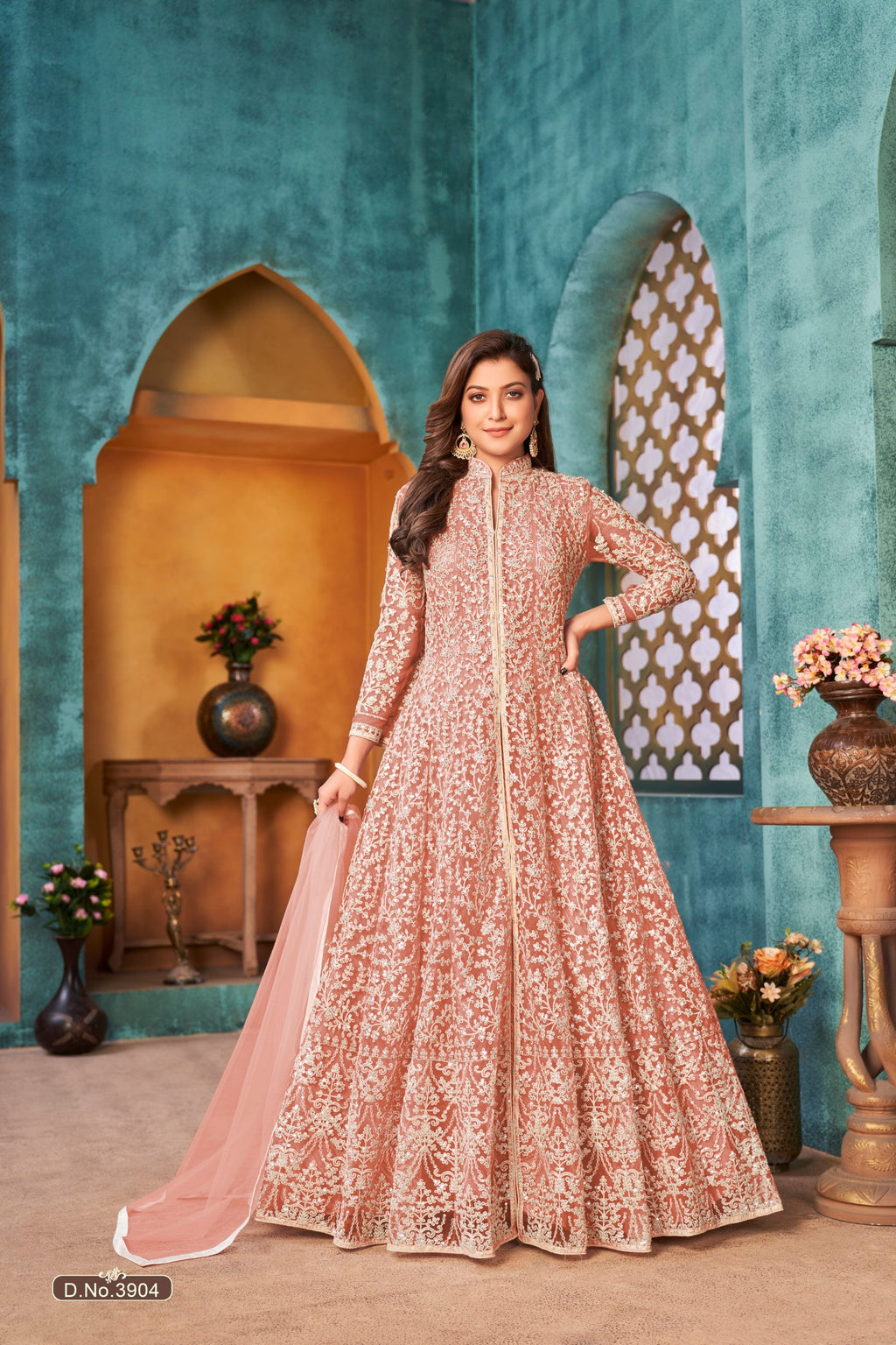 Anaita Peach Embroidered Net Anarkali Suit | Grocsy