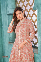Anaita Peach Embroidered Net Anarkali Suit | Grocsy