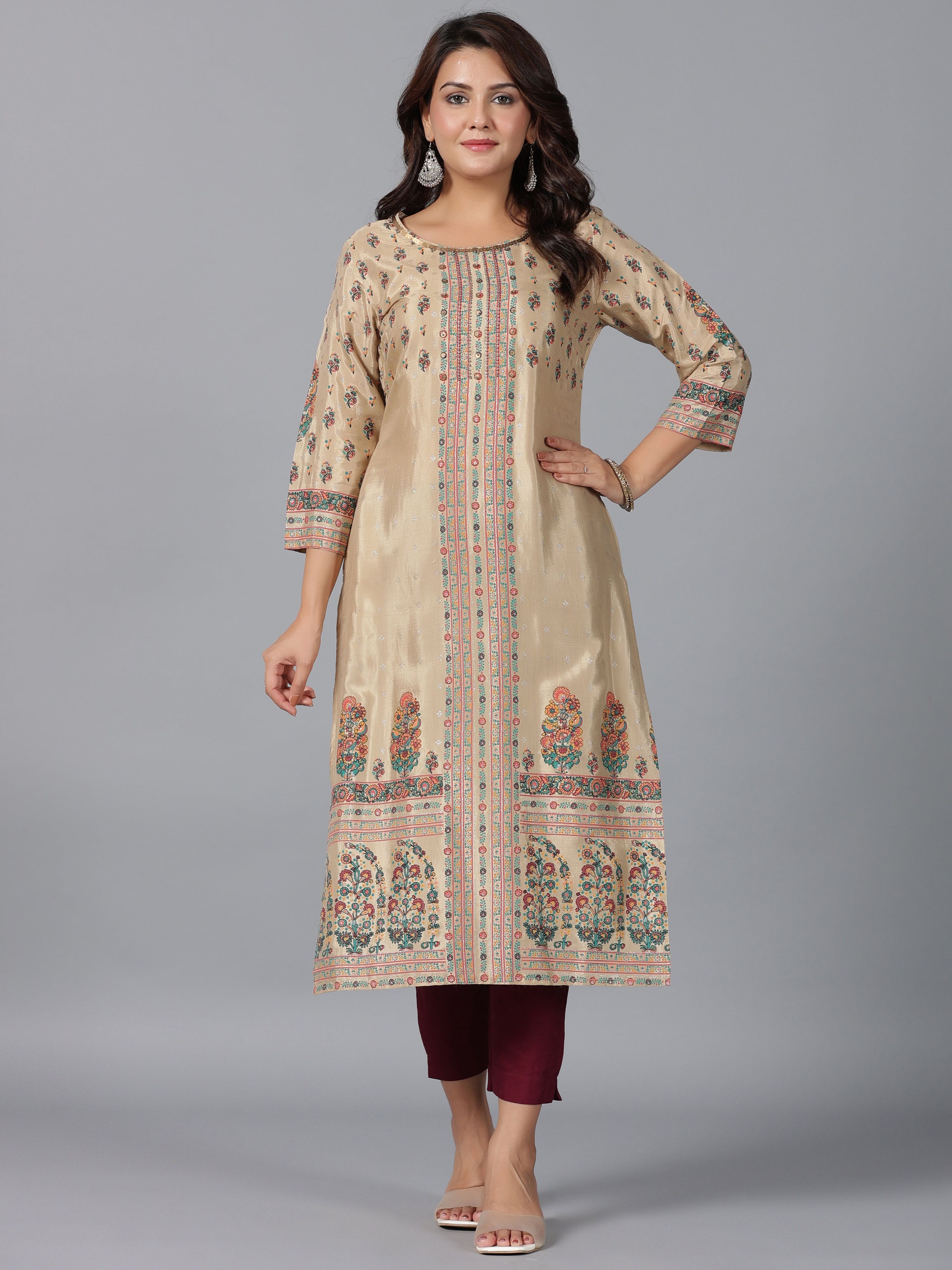 Juniper Women Beige Shantoon Printed Straight Kurta | Grocsy