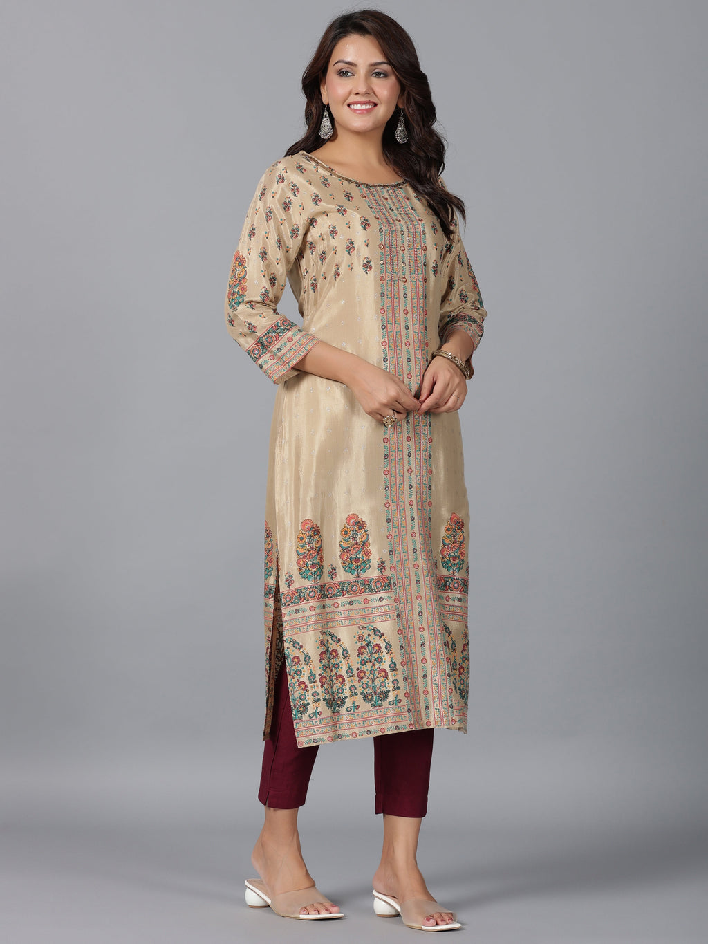 Juniper Women Beige Shantoon Printed Straight Kurta | Grocsy