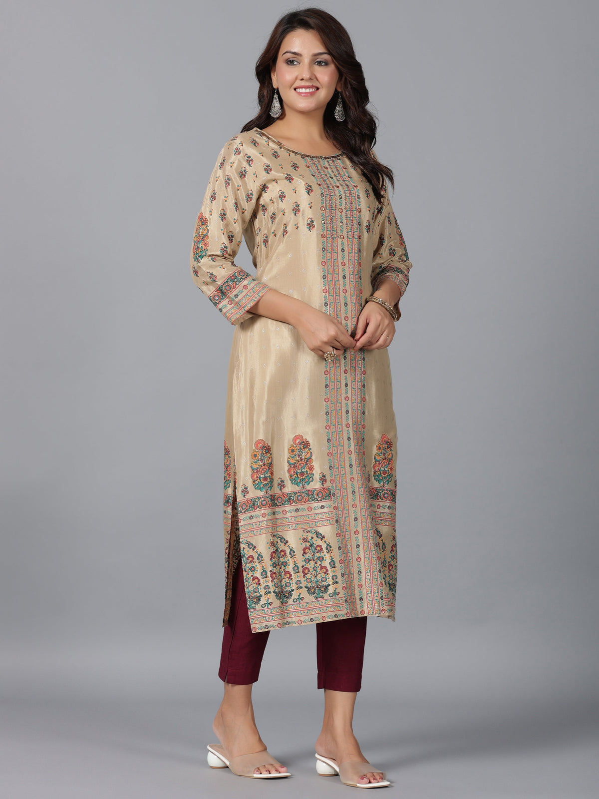 Juniper Women Beige Shantoon Printed Straight Kurta | Grocsy