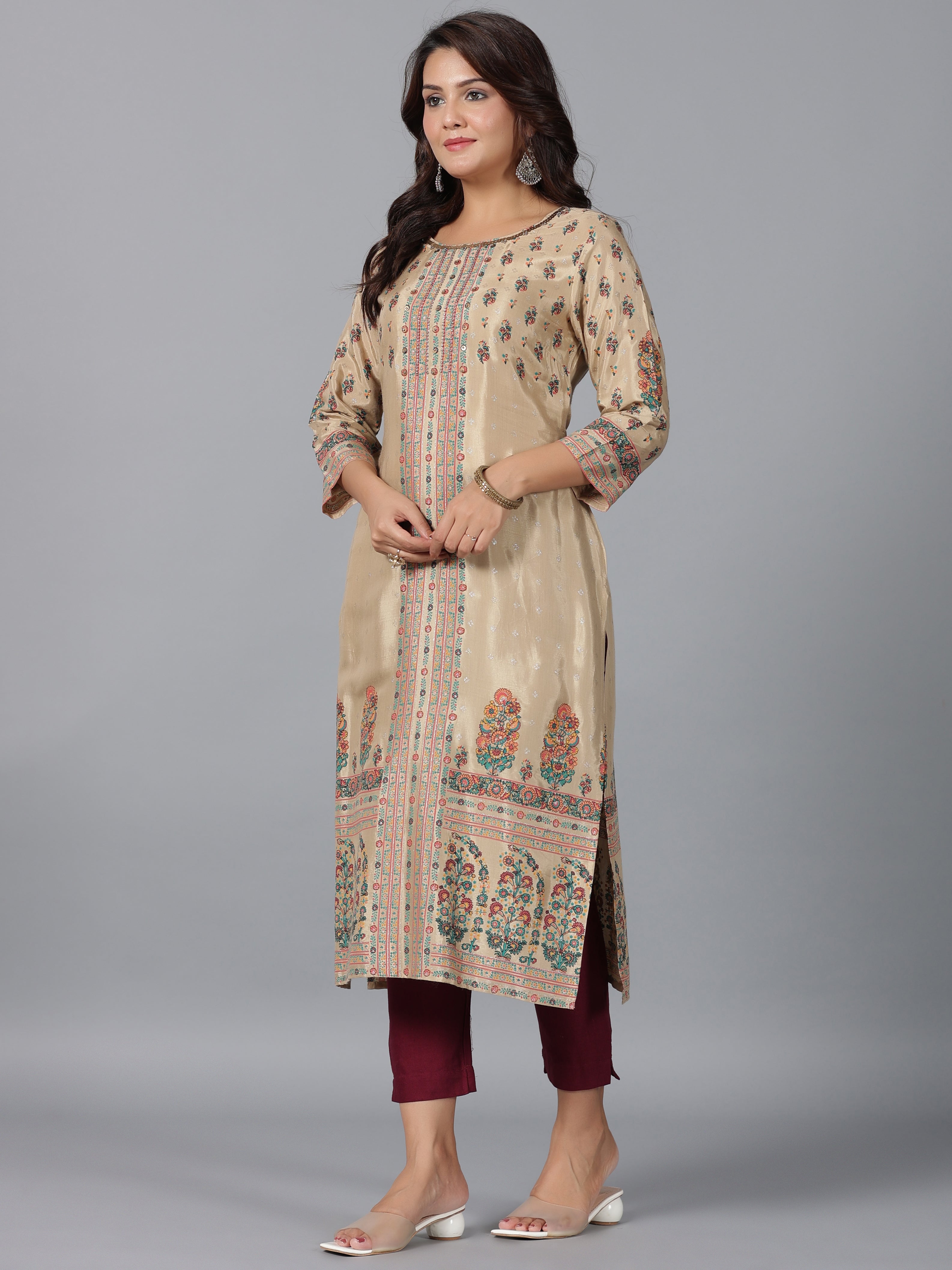 Juniper Women Beige Shantoon Printed Straight Kurta | Grocsy