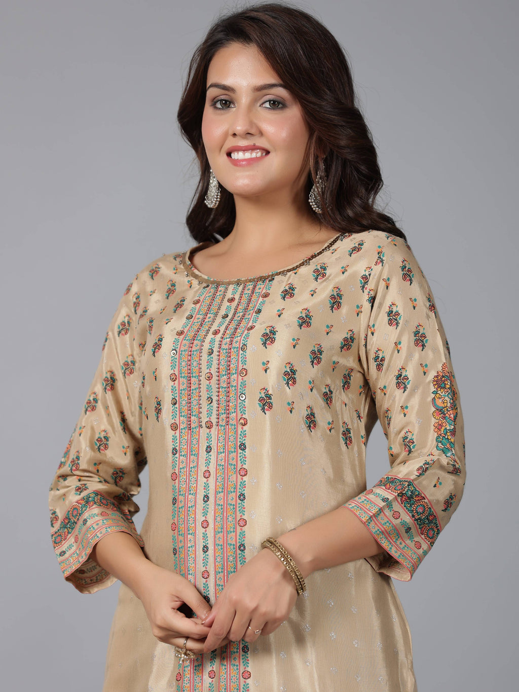 Juniper Women Beige Shantoon Printed Straight Kurta | Grocsy