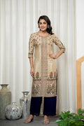 Juniper Beige Floral Printed Viscose Kurta With Beads & Sequins | Grocsy