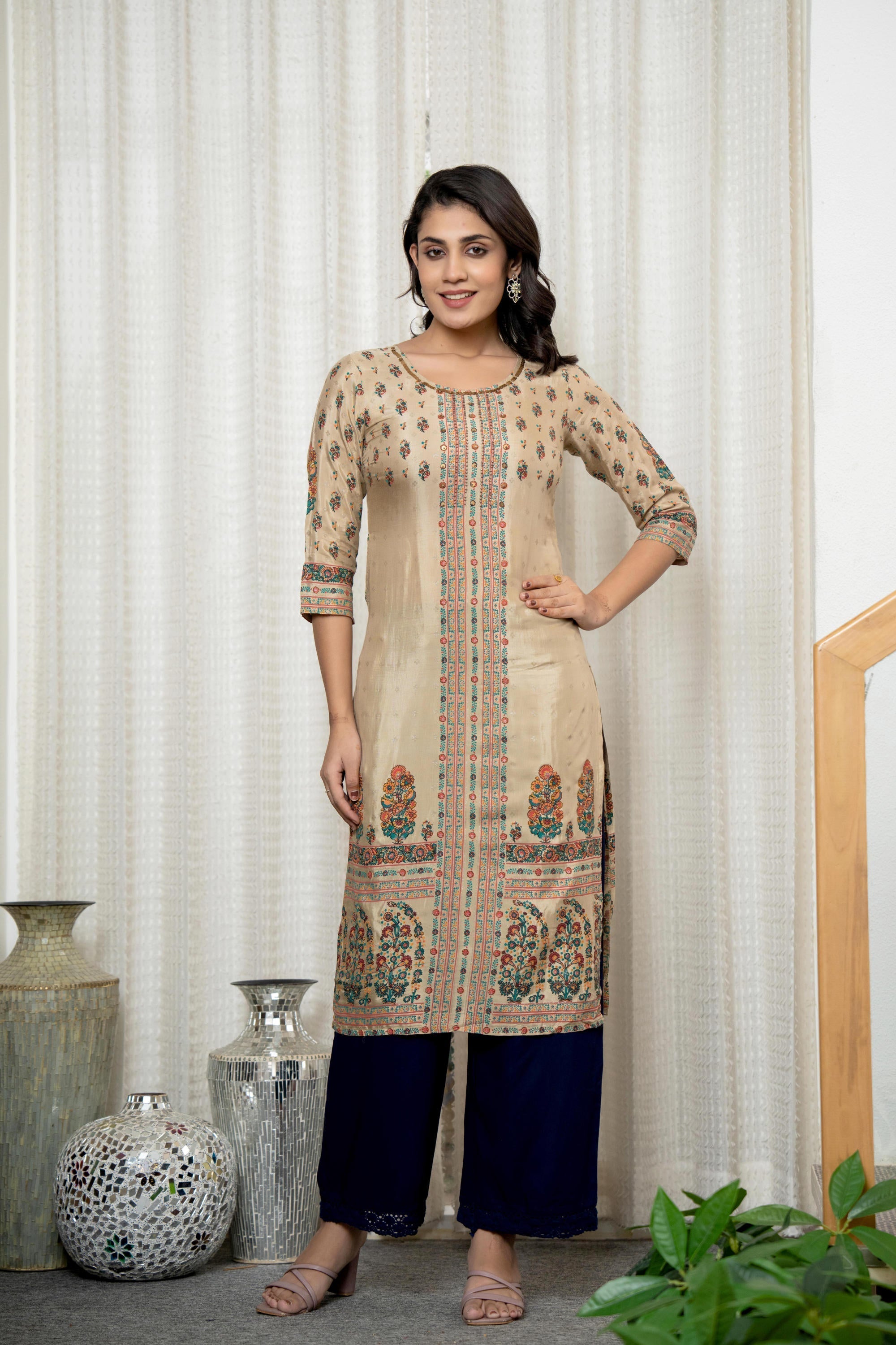 Juniper Beige Floral Printed Viscose Kurta With Beads & Sequins | Grocsy