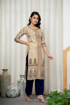 Juniper Beige Floral Printed Viscose Kurta With Beads & Sequins | Grocsy