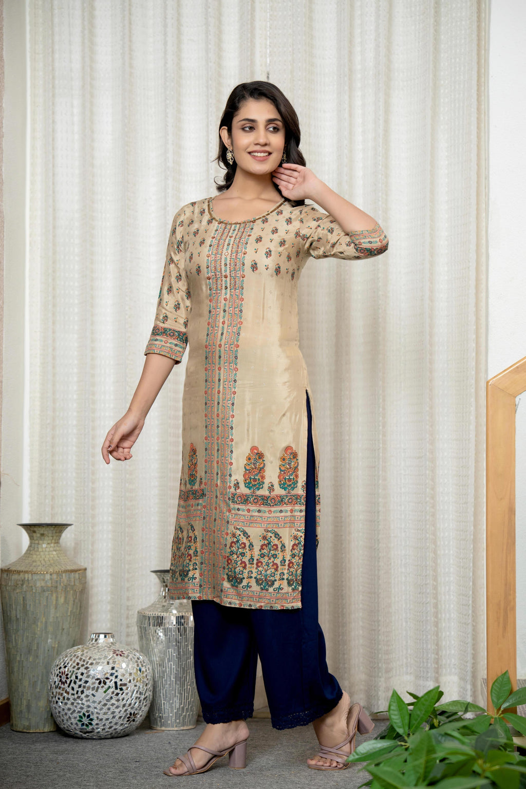 Juniper Beige Floral Printed Viscose Kurta With Beads & Sequins | Grocsy