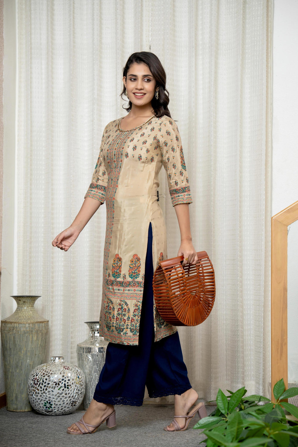 Juniper Beige Floral Printed Viscose Kurta With Beads & Sequins | Grocsy