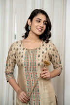 Juniper Beige Floral Printed Viscose Kurta With Beads & Sequins | Grocsy
