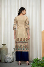 Juniper Beige Floral Printed Viscose Kurta With Beads & Sequins | Grocsy