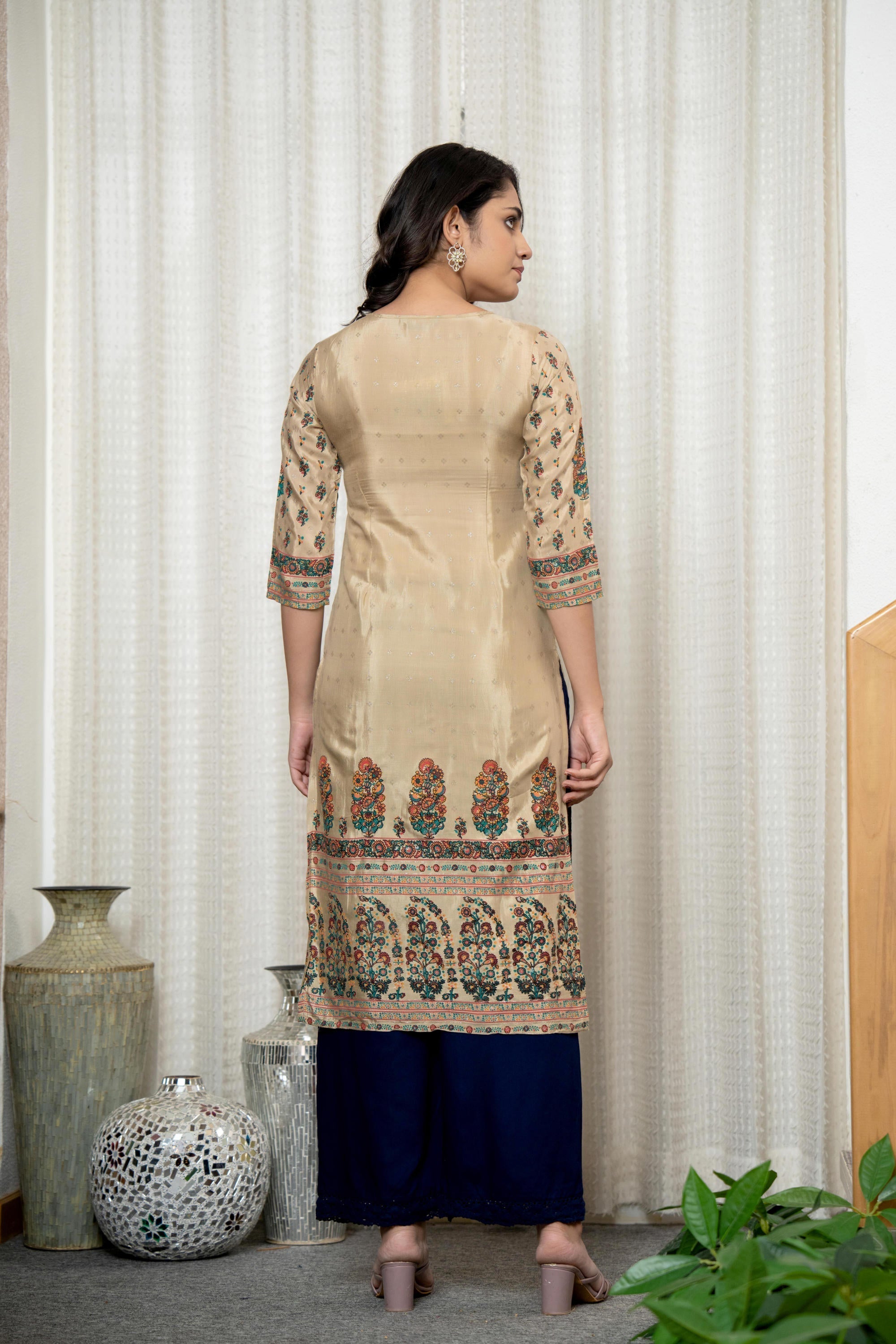 Juniper Beige Floral Printed Viscose Kurta With Beads & Sequins | Grocsy