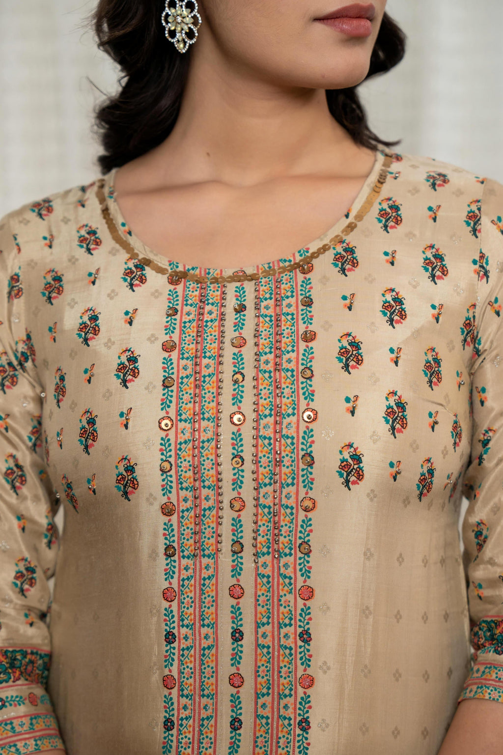 Juniper Beige Floral Printed Viscose Kurta With Beads & Sequins | Grocsy
