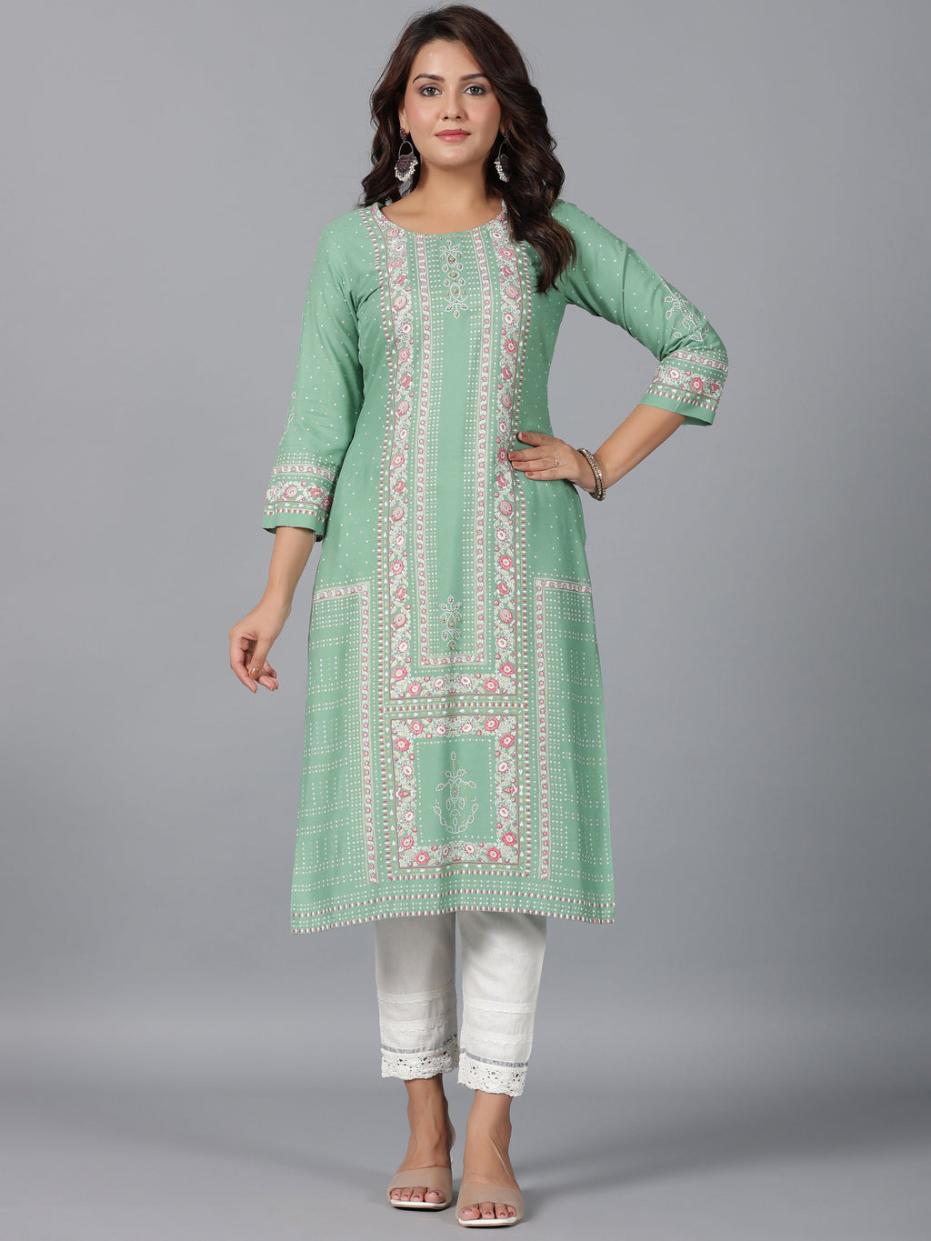 Juniper Women Sage Green Rayon Printed Straight Kurta | Grocsy