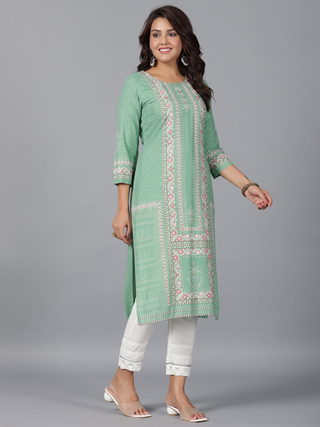 Juniper Women Sage Green Rayon Printed Straight Kurta | Grocsy