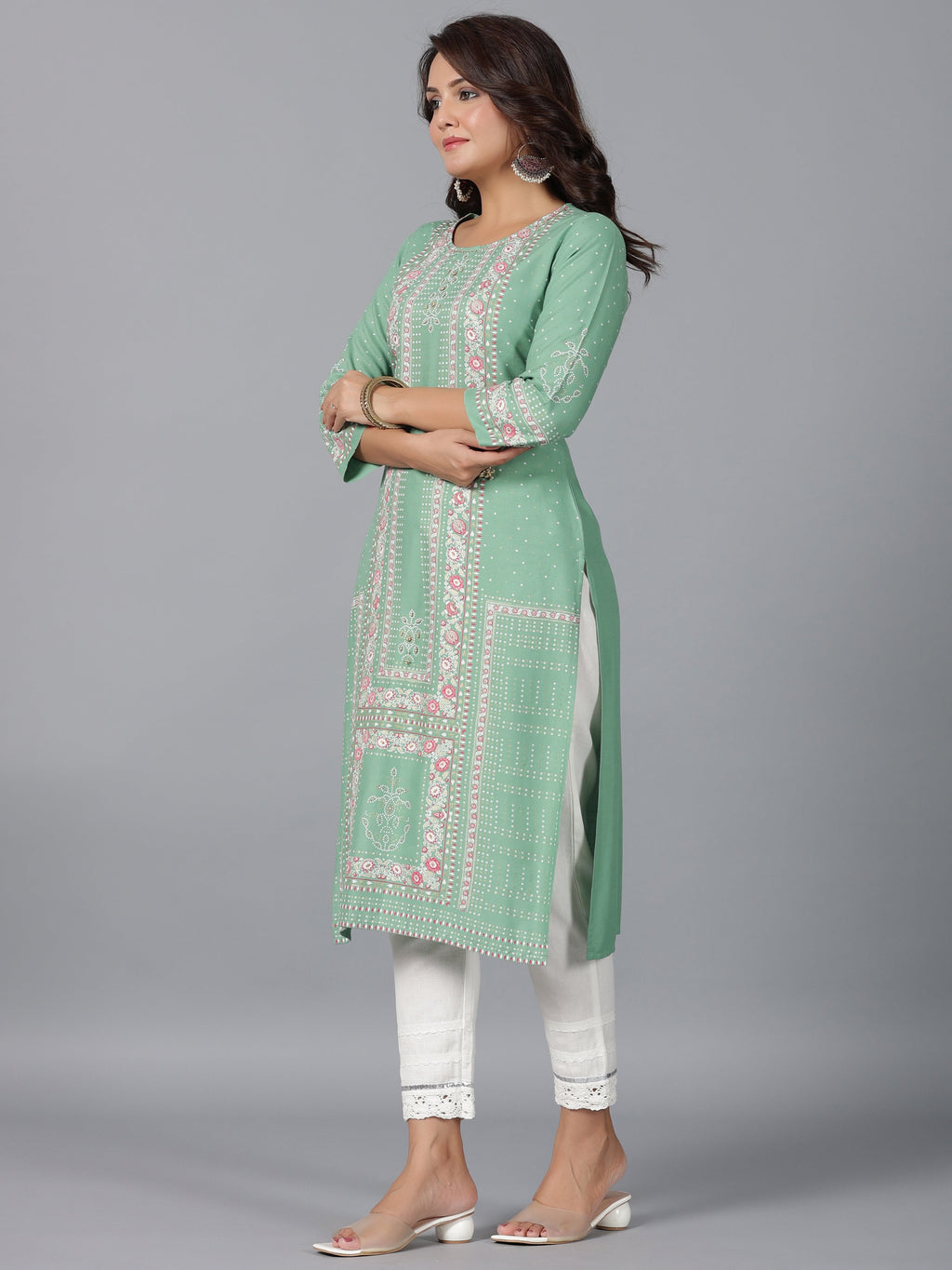 Juniper Women Sage Green Rayon Printed Straight Kurta | Grocsy