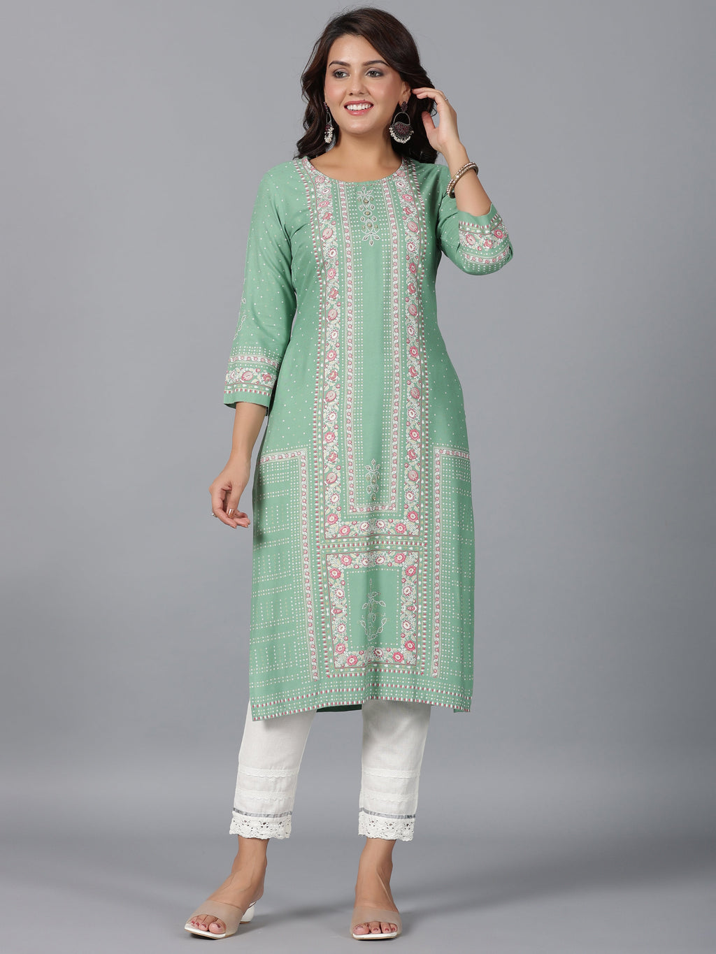 Juniper Women Sage Green Rayon Printed Straight Kurta | Grocsy