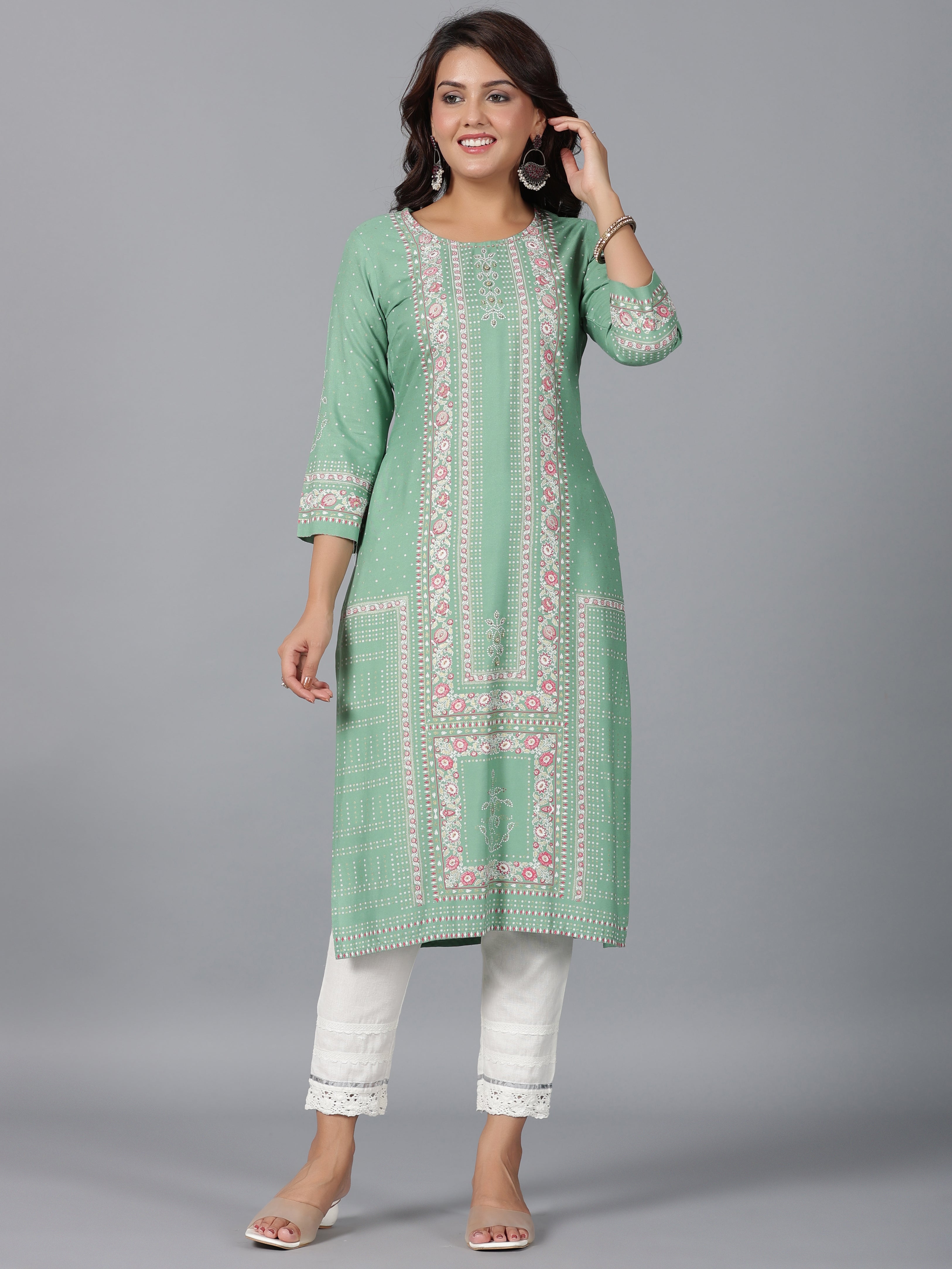 Juniper Women Sage Green Rayon Printed Straight Kurta | Grocsy