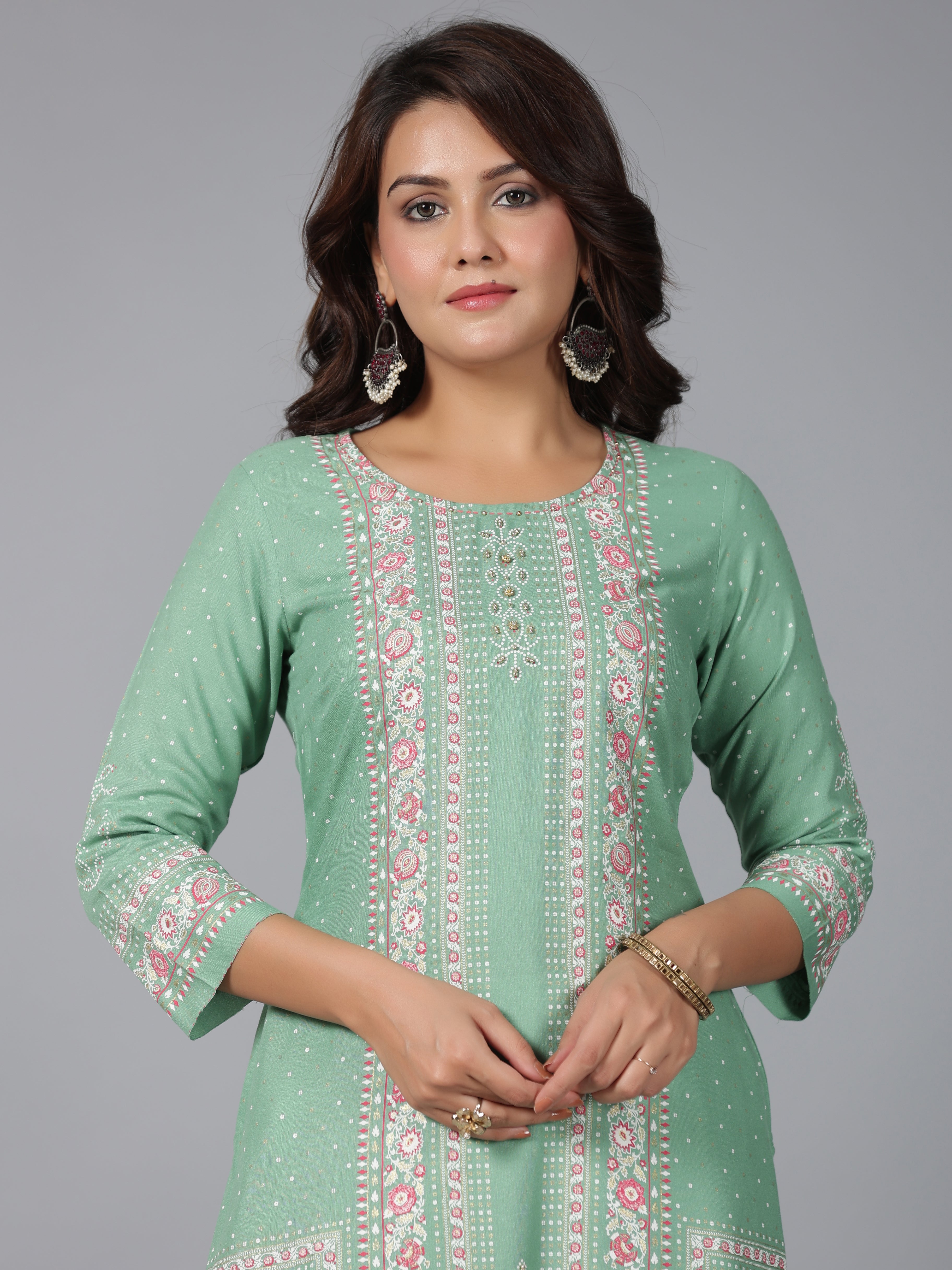 Juniper Women Sage Green Rayon Printed Straight Kurta | Grocsy