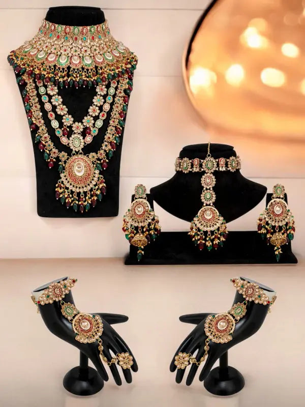 Tehzeeb Creations Traditional Designer Kundan Stone Maroon and Green Meenakari Choker Bridal Set | Grocsy