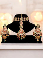 Tehzeeb Creations Traditional Designer Kundan Stone Maroon and Green Meenakari Choker Bridal Set | Grocsy