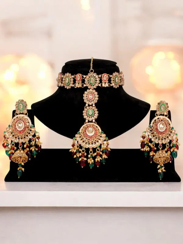 Tehzeeb Creations Traditional Designer Kundan Stone Maroon and Green Meenakari Choker Bridal Set | Grocsy