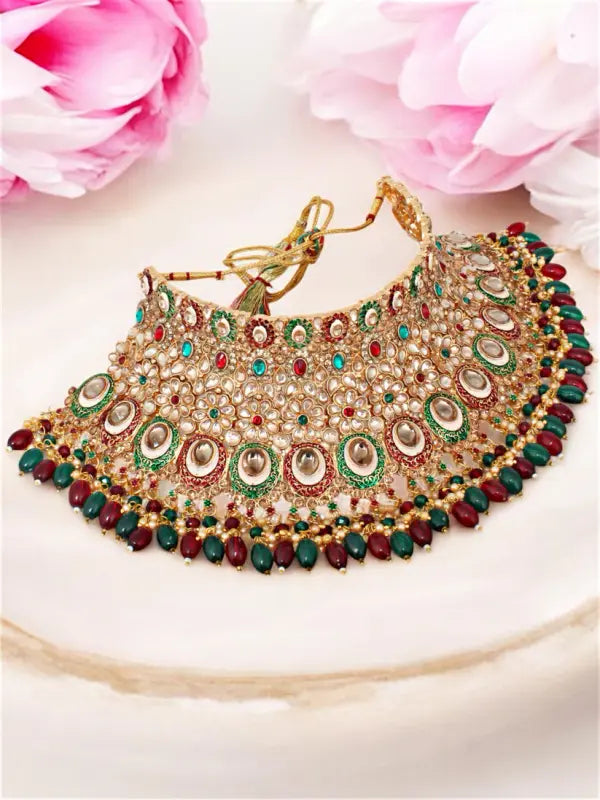 Tehzeeb Creations Traditional Designer Kundan Stone Maroon and Green Meenakari Choker Bridal Set | Grocsy