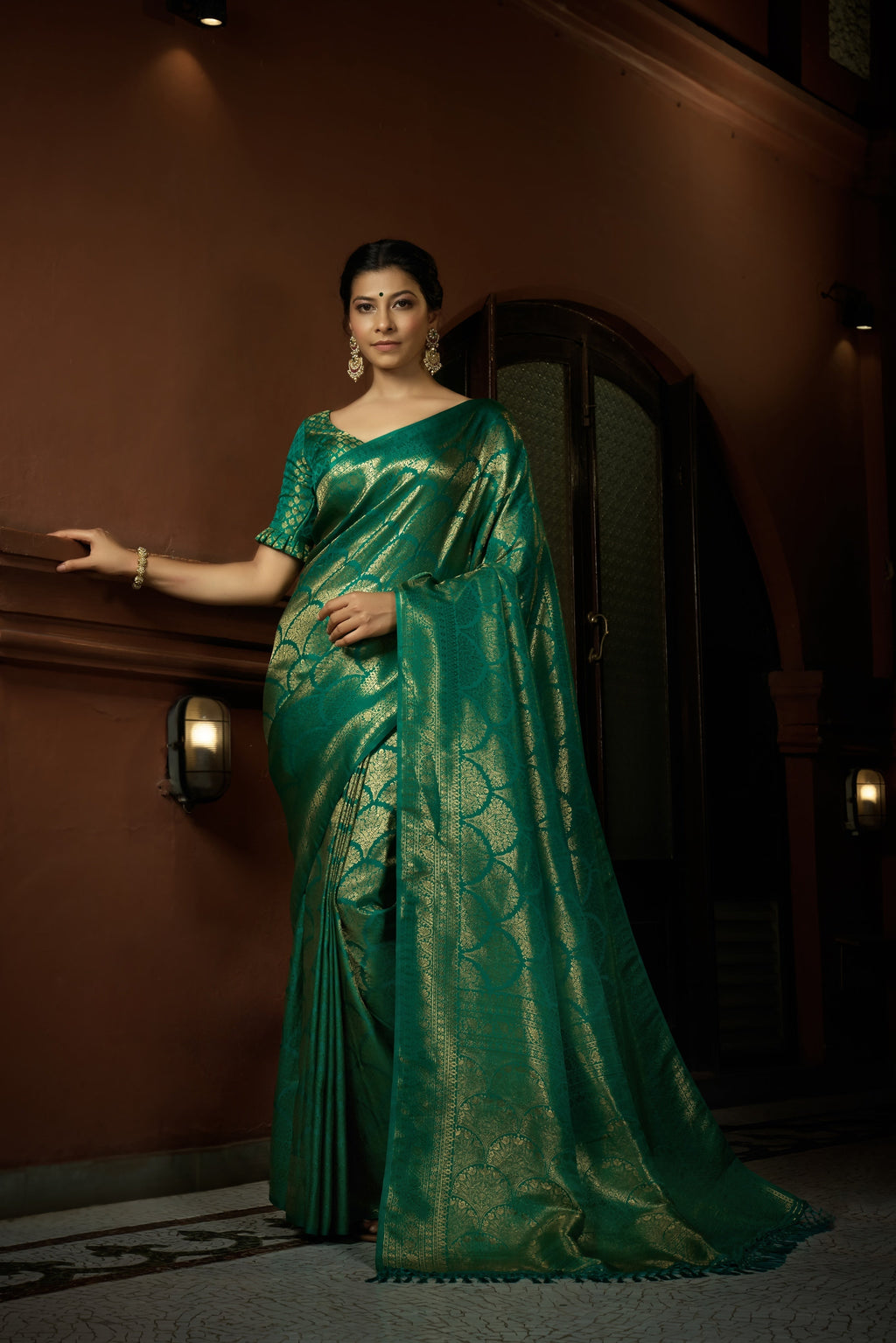 Vardha Persian Green Golden Zari Kanjeevaram Silk Saree | Grocsy