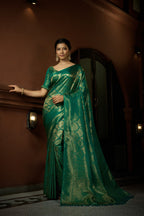 Vardha Persian Green Golden Zari Kanjeevaram Silk Saree | Grocsy