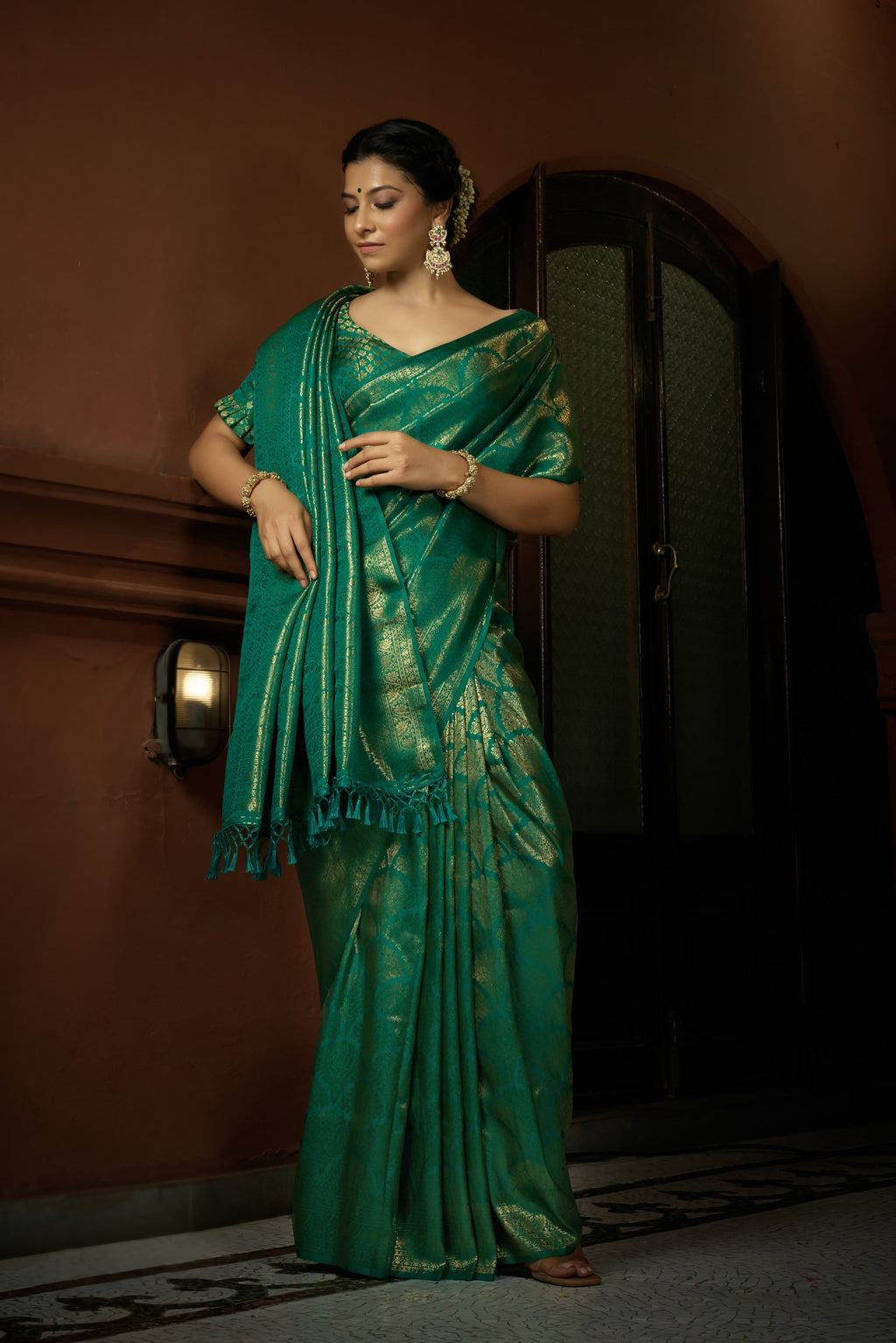 Vardha Persian Green Golden Zari Kanjeevaram Silk Saree | Grocsy