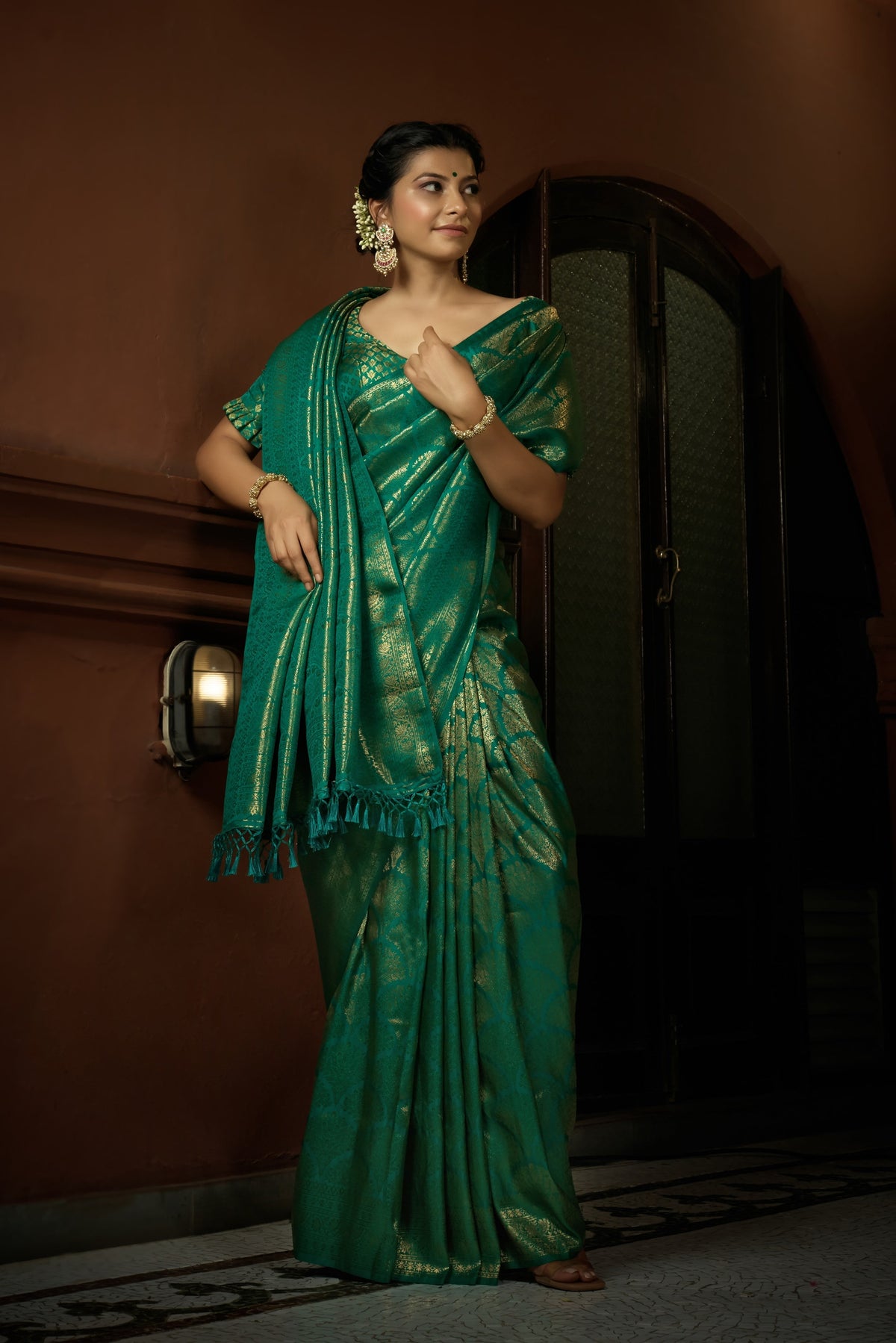 Vardha Persian Green Golden Zari Kanjeevaram Silk Saree | Grocsy