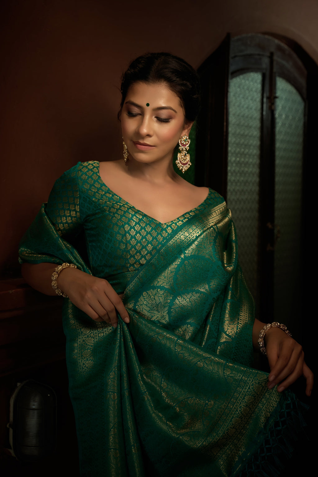 Vardha Persian Green Golden Zari Kanjeevaram Silk Saree | Grocsy