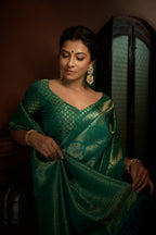 Vardha Persian Green Golden Zari Kanjeevaram Silk Saree | Grocsy