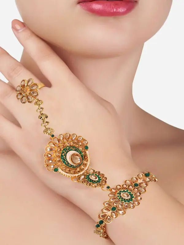 Tehzeeb Creations Traditional Designer Kundan Stone Green Meenakari Choker Bridal Set | Grocsy