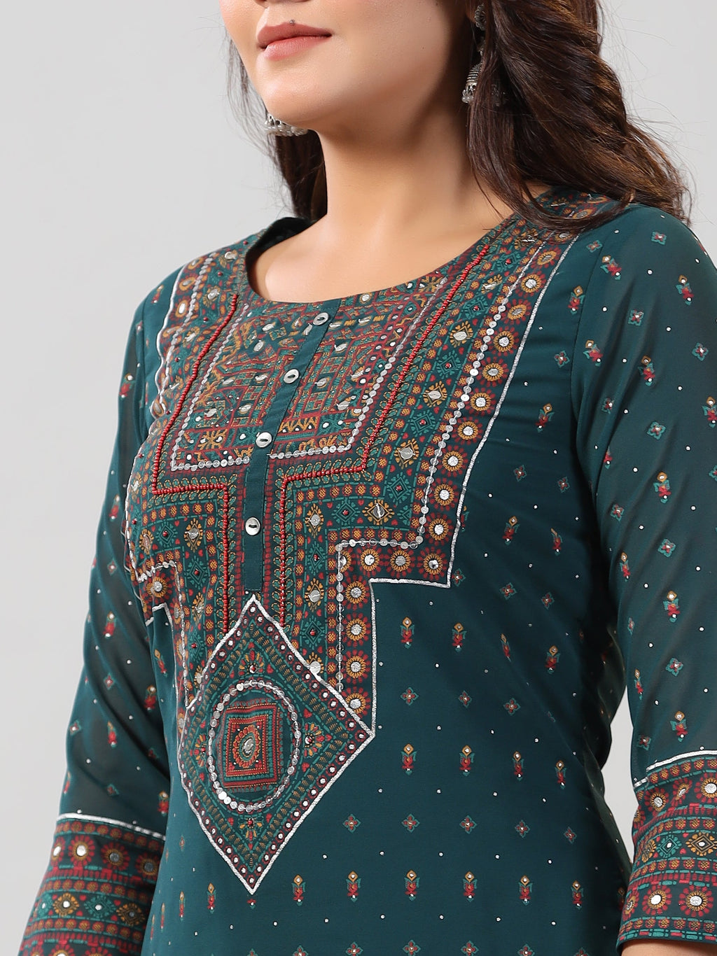 Juniper Women Green Georgette Printed High-Low Straight Tunic | Grocsy