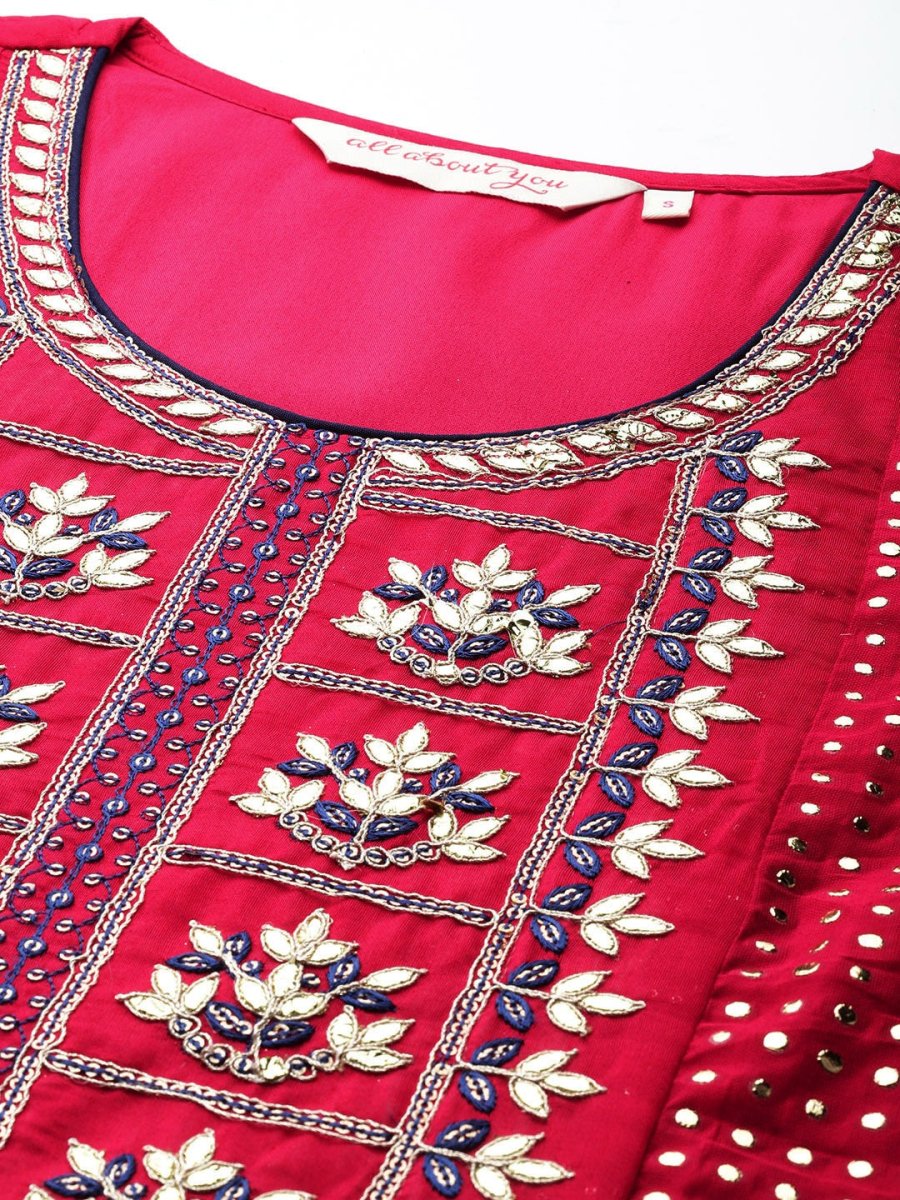 All About You Ethnic Motifs Embroidered Chanderi Silk Kurta with Trousers & With Dupatta | Grocsy