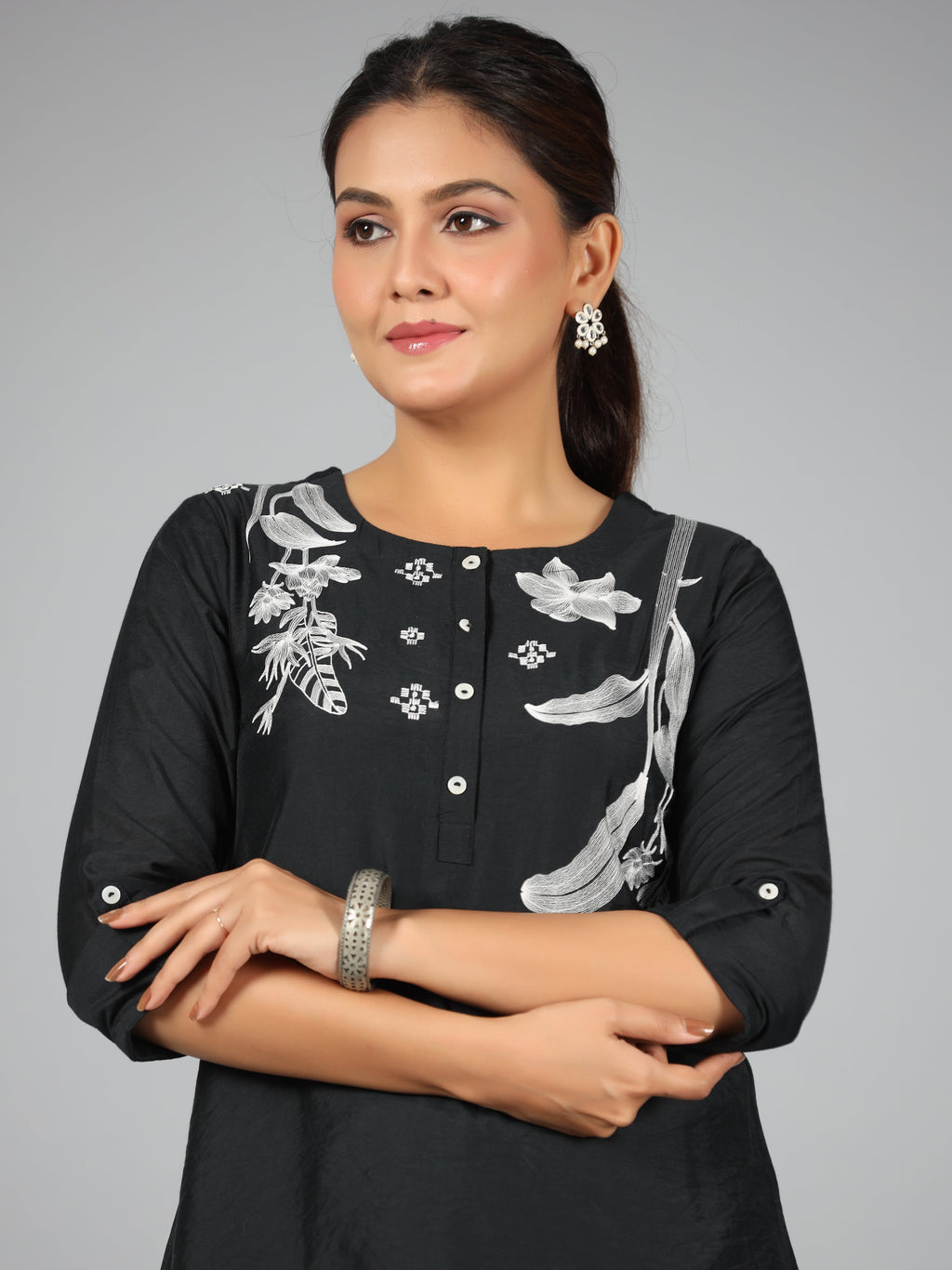 Juniper Women Black Chanderi Embroidered Clothing Set | Grocsy
