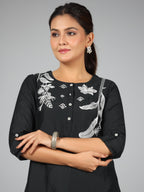 Juniper Women Black Chanderi Embroidered Clothing Set | Grocsy