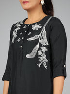 Juniper Women Black Chanderi Embroidered Clothing Set | Grocsy