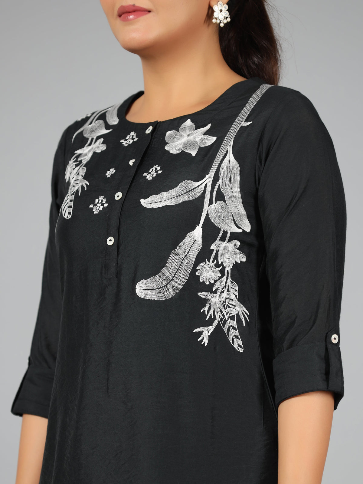 Juniper Women Black Chanderi Embroidered Clothing Set | Grocsy