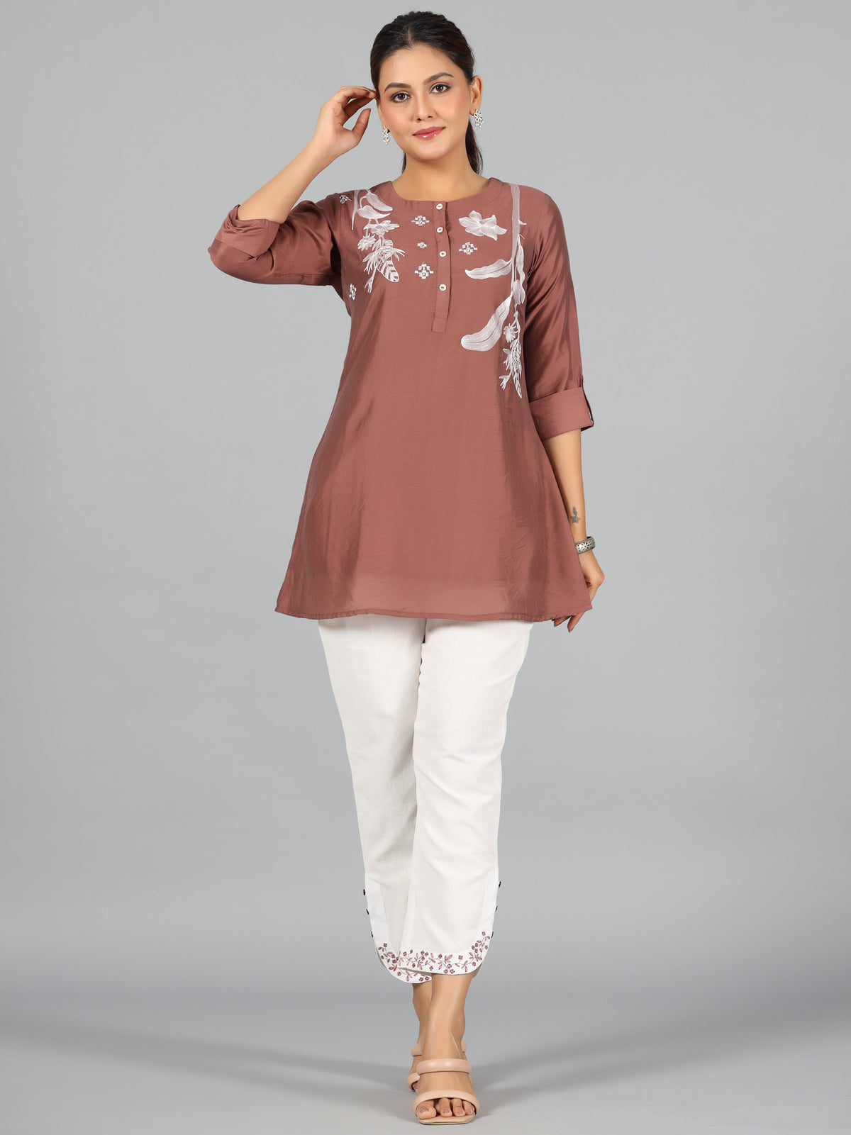 Juniper Women Brown Chanderi Embroidered Clothing Set | Grocsy
