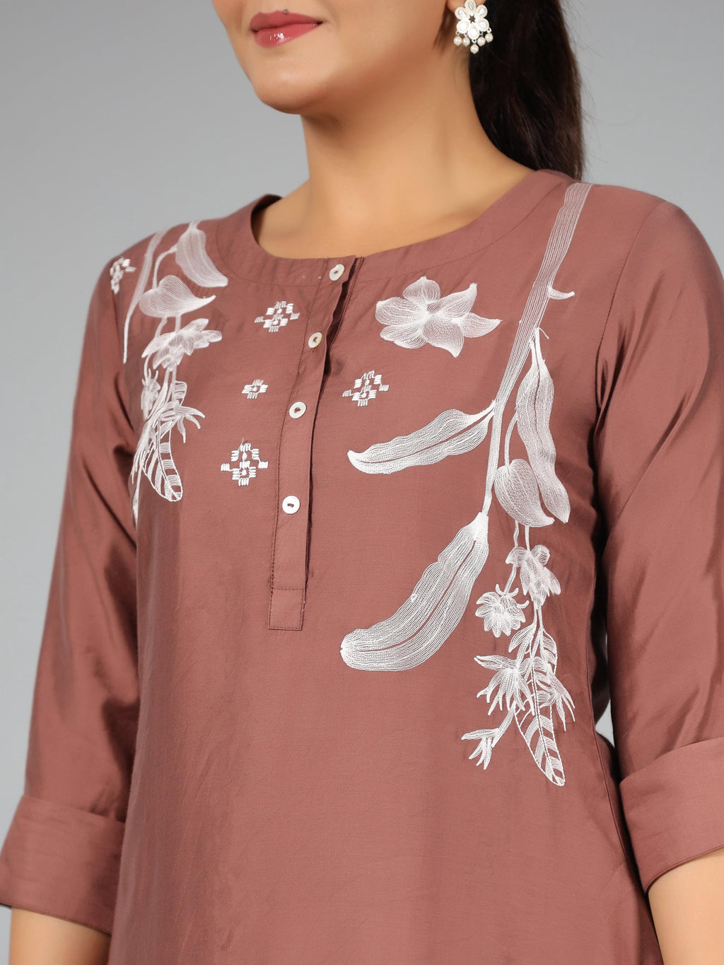 Juniper Women Brown Chanderi Embroidered Clothing Set | Grocsy