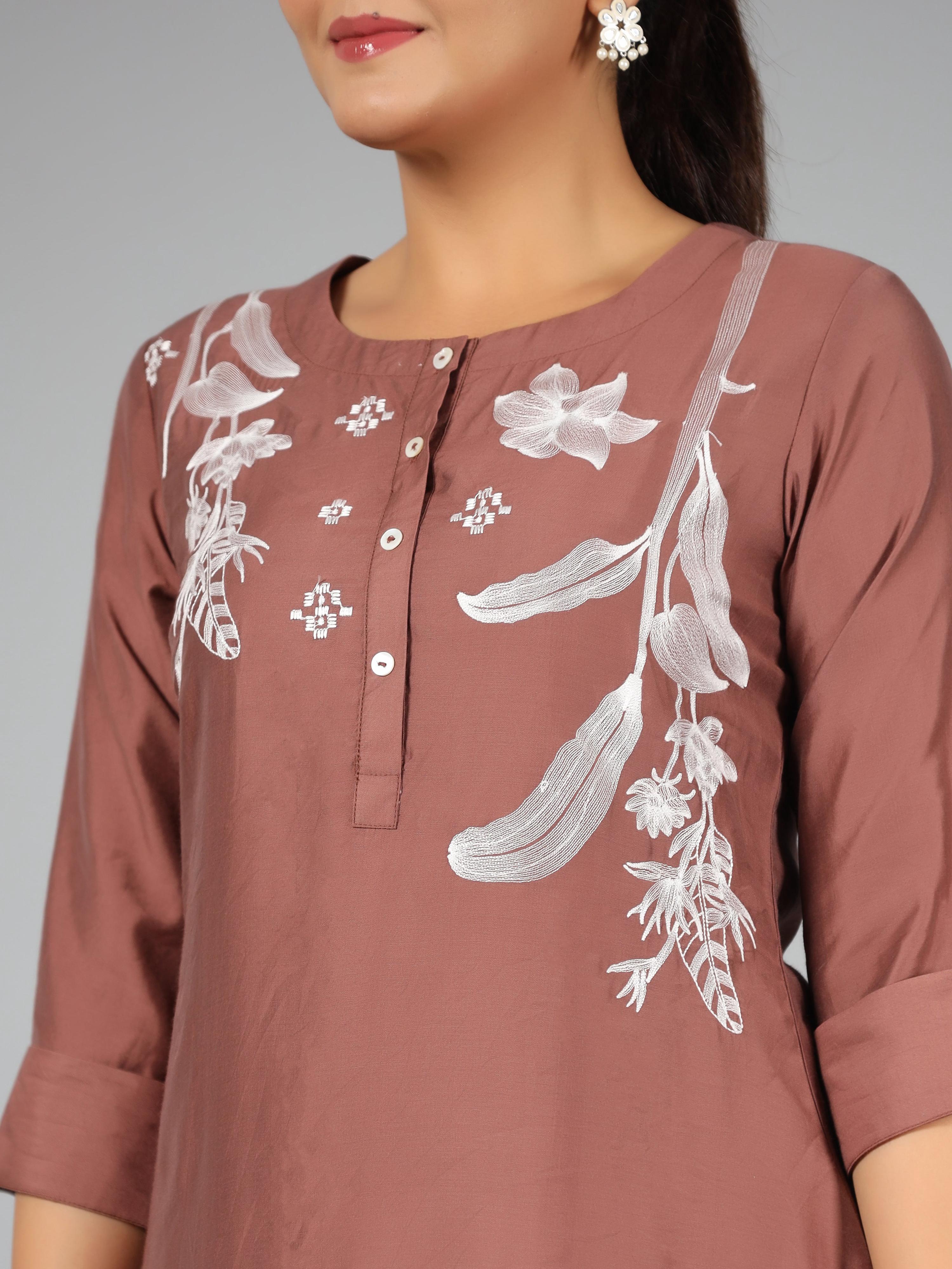 Juniper Women Brown Chanderi Embroidered Clothing Set | Grocsy