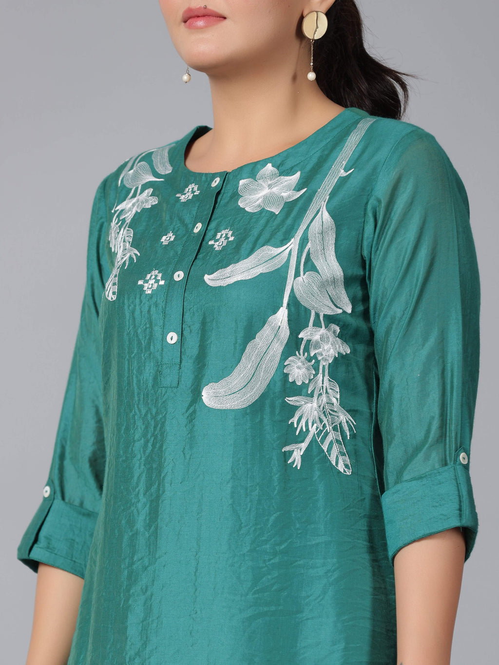 Juniper Women Green Chanderi Embroidered Clothing Set | Grocsy