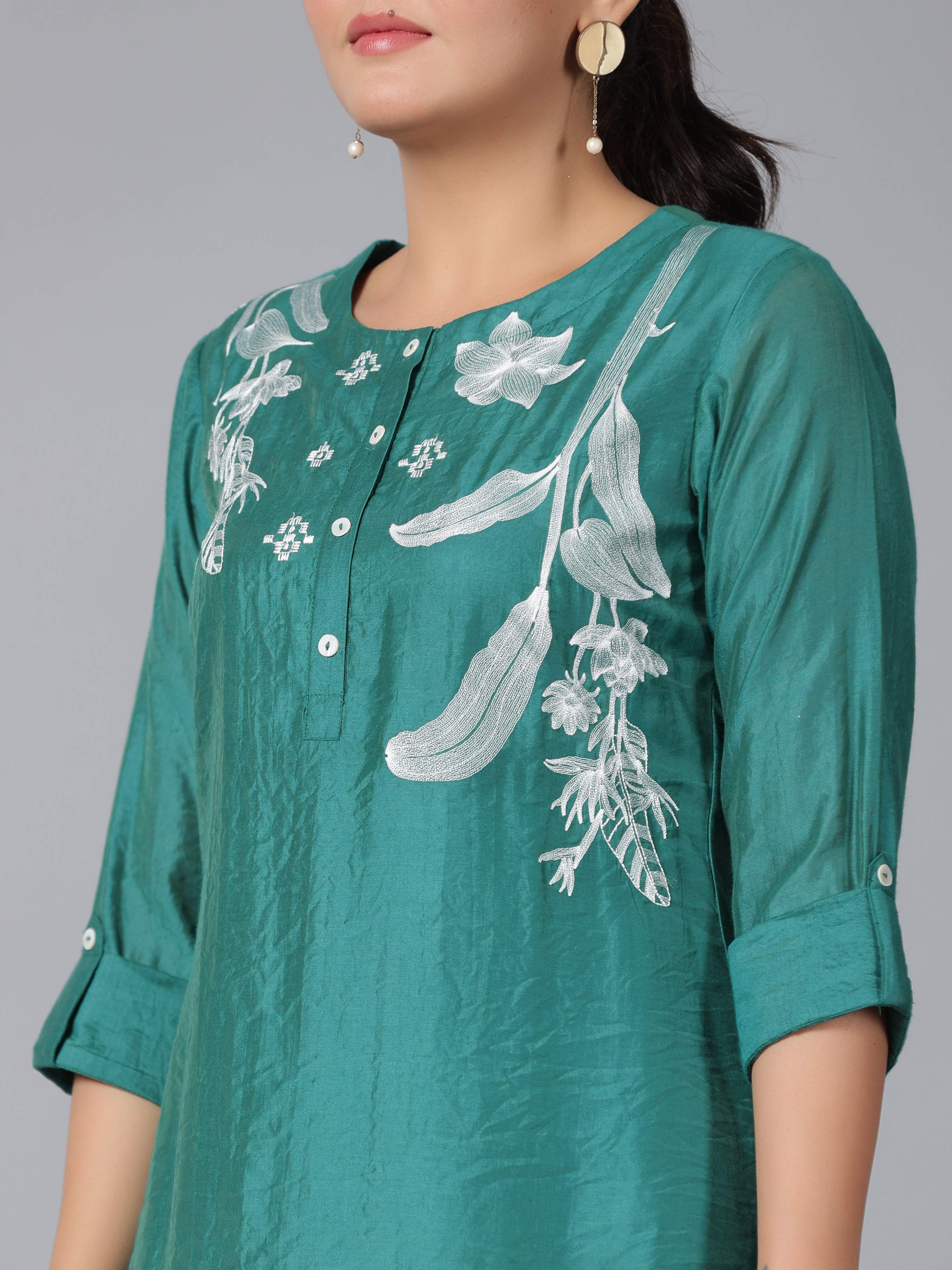 Juniper Women Green Chanderi Embroidered Clothing Set | Grocsy