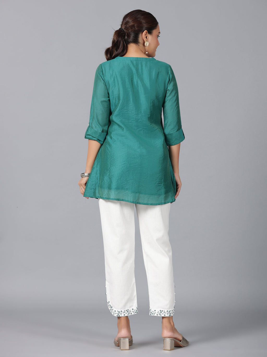 Juniper Women Green Chanderi Embroidered Clothing Set | Grocsy